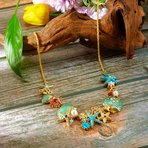 Starfish Shell Pearl Necklace for Women Summer Ocean Coral Scallop Pendant
