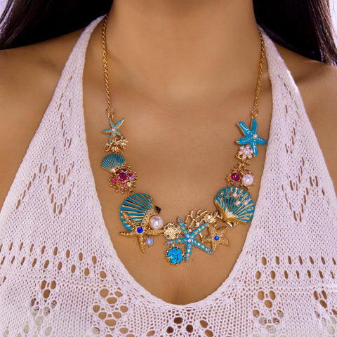 Starfish Shell Pearl Necklace for Women Summer Ocean Coral Scallop Pendant
