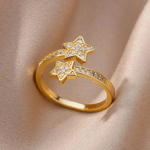 Zircon Double Star Rings For Women Girls Stainless Steel Gold Color y2k Ring