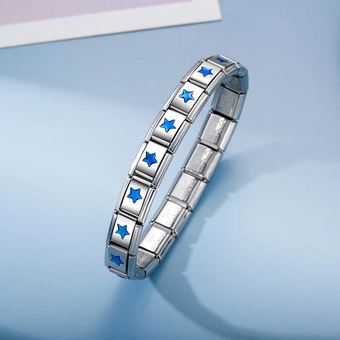 Blue Star Footprint Itanlian Elastic Charm Stainless Steel Bracelet