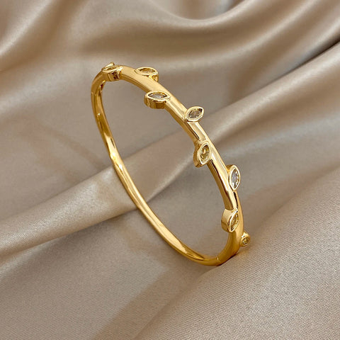 Rhinestone Leaf Wave Cuff Bracelet Bangles For Women