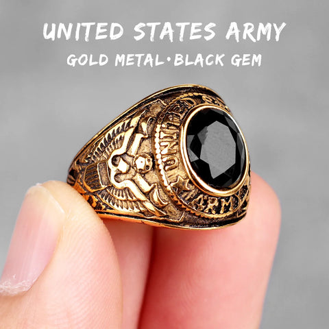 Stainless Steel Men Rings Rhinestone United States Army Punk Hip Hop for Biker Jewelry