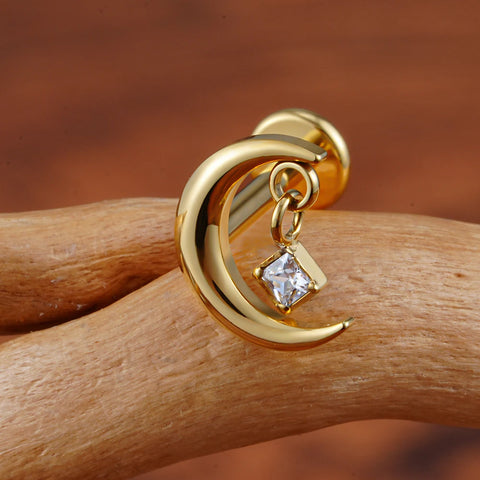 Titanium CZ Moon Cartilage Earring Tiny Crescent Moon CZ Dangle Helix