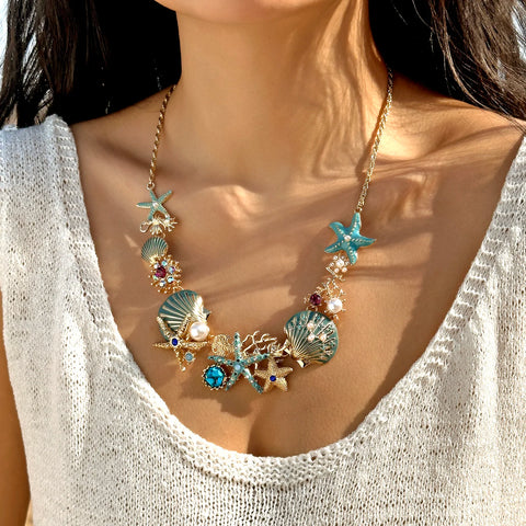 Starfish Shell Pearl Necklace for Women Summer Ocean Coral Scallop Pendant