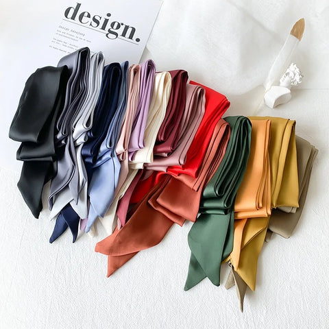 Women Narrow Long Scarf Solid Color Chiffon Silk Ribbon Headbands Choker Streamer