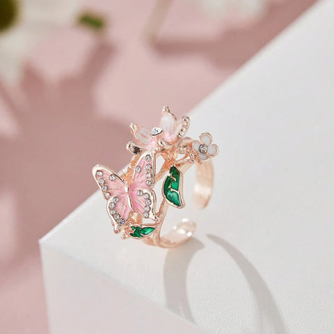 Aesthetic Flower Butterfly Rings for Female Romantic Rhinestone Stylish Opening Ring