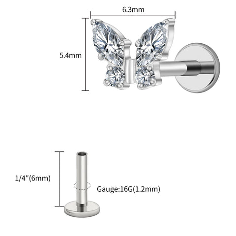 Titanium Mini Butterfly CZ Labret Tragus Cartilage Conch Forward Helix Stud