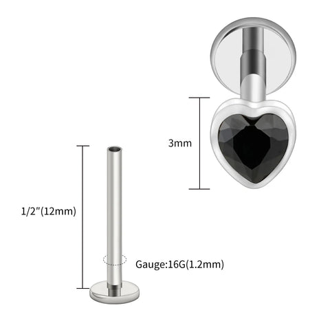 Titanium Heart Shaped CZ Flat Back Labret Stud Cartilage Helix Ear Piercing