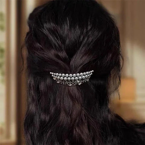French Style Pearl Crystal Crescent Spring Clip Women's Back of Head Half-tied Hair Clip