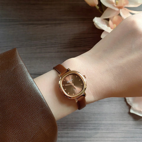 Square Exquisite Girls' Watch Brown Strap Simple and Versatile Quartz Watch
