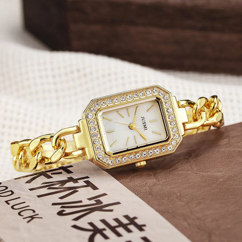Ladies fashion bar scale square dial buckle shaped steel strip with diamonds outer shell quartz watch