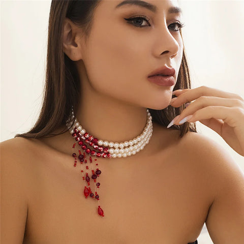 Multilayer Vintage Red Blood Pattern Imitation Pearl Tassel Pendant Necklace for Women
