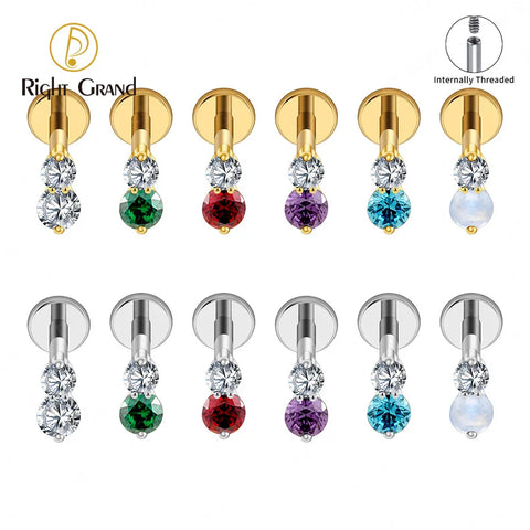 Titanium 16G Double CZ Cartilage Earring Tiny Two Stone Flat Back Labret Stud