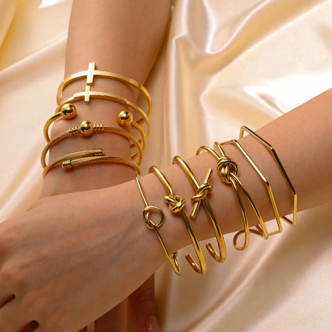 Fashion Minimalist Stainless Steel Knot Gold Plated Cuff Bracelet for Women
