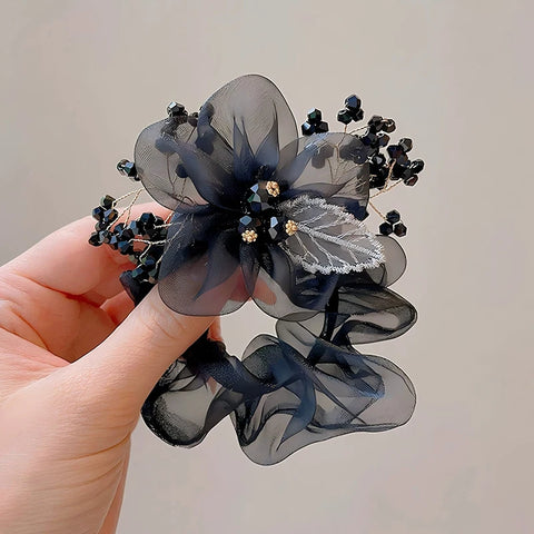 Embroidered Leaf Mesh Ponytail Headband