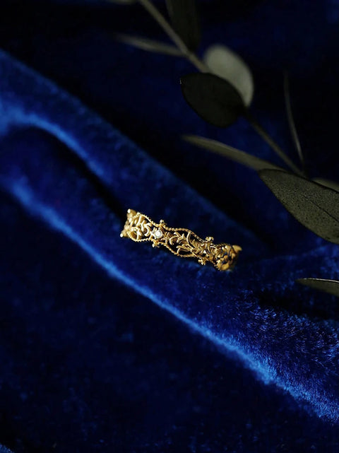 Sterling Silver Vintage Hollow Branches Leaves Round Zircon Ring For Women Party