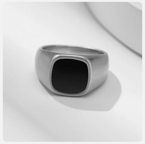 Signet Ring for Men Black Square Top Stainless Steel Finger Band Gothic Rings