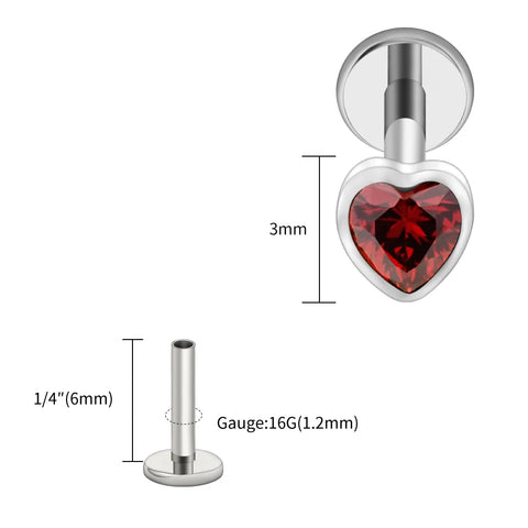 Titanium Heart Shaped CZ Flat Back Labret Stud Cartilage Helix Ear Piercing