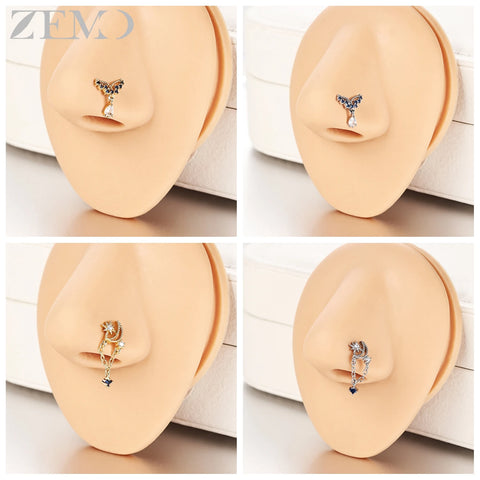 Girls Cubic Zircon Nose Studs Flower Star Heart Nostril Piercings Jewelry