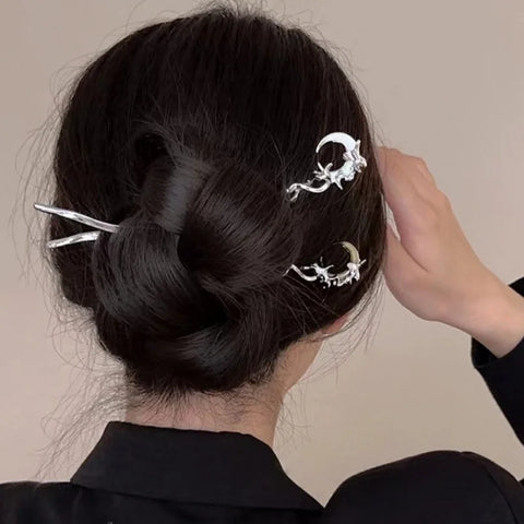 Crystal Moon Hair Stick for Women Vintage Metal Chinese Style Chopstick Shaped Hairpin