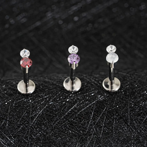 Titanium 16G Double CZ Cartilage Earring Tiny Two Stone Flat Back Labret Stud