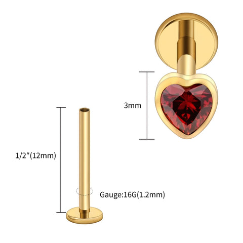 Titanium Heart Shaped CZ Flat Back Labret Stud Cartilage Helix Ear Piercing