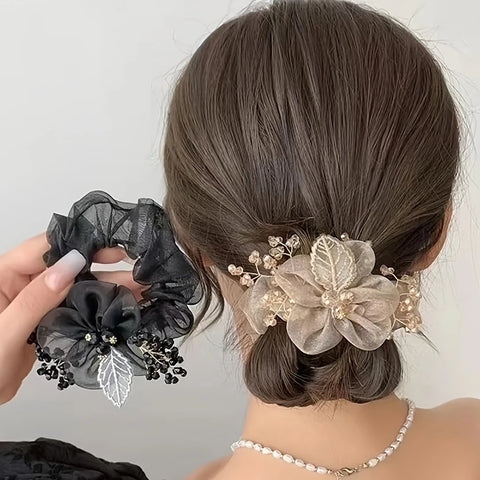 Embroidered Leaf Mesh Ponytail Headband