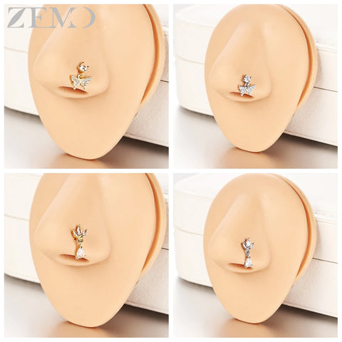 Girls Cubic Zircon Nose Studs Flower Star Heart Nostril Piercings Jewelry