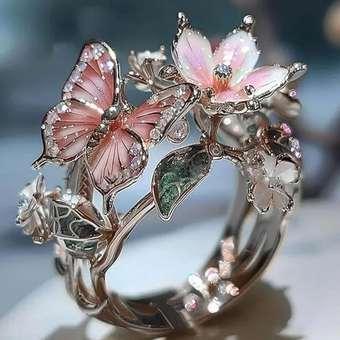 Aesthetic Flower Butterfly Rings for Female Romantic Rhinestone Stylish Opening Ring