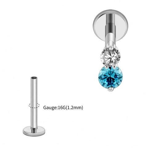 Titanium 16G Double CZ Cartilage Earring Tiny Two Stone Flat Back Labret Stud