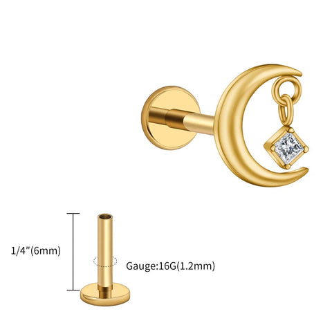 Titanium CZ Moon Cartilage Earring Tiny Crescent Moon CZ Dangle Helix