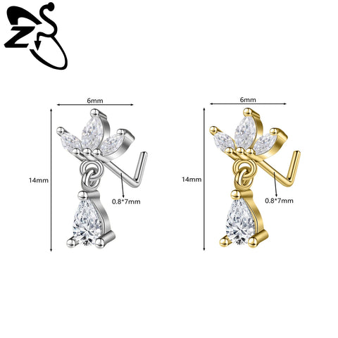 Stainless Steel Nose Ring 7MM L Rod Nose Stud Moon butterfly Shape Pendant Earring Helix