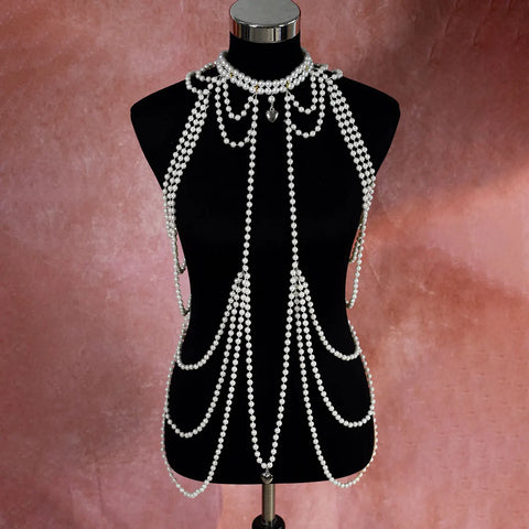 Classic Long Imitation Pearl Dress Heart Pendant Body Chain