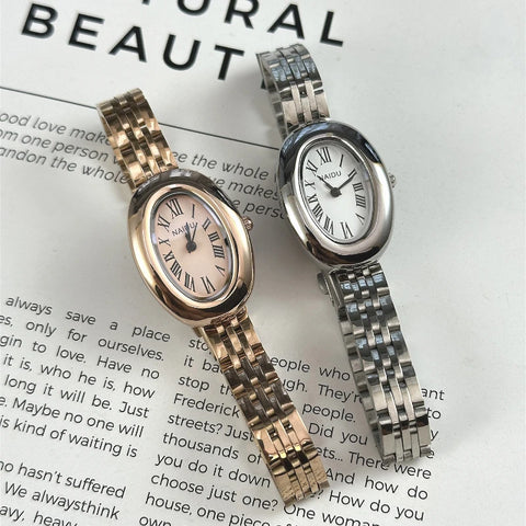 Mid Ancient Style Oval Dial Small Watch Adjustable Steel Strap Quartz Wristwatch