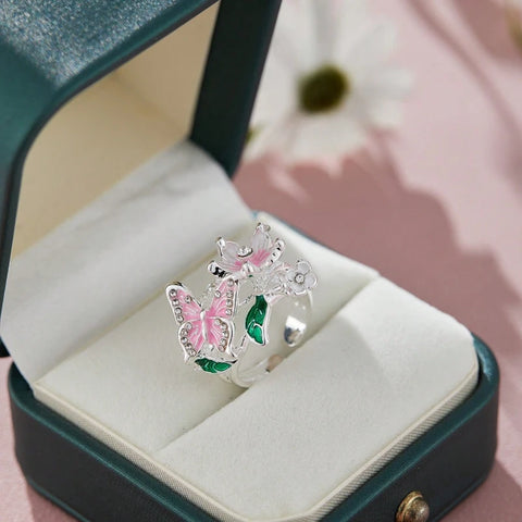 Aesthetic Flower Butterfly Rings for Female Romantic Rhinestone Stylish Opening Ring