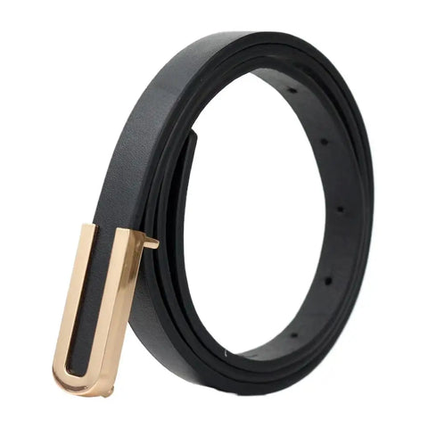 Fashionable and Versatile Black Leather Thin Belt for Women