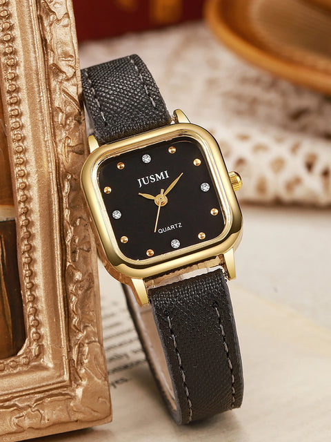 Fashion Ladies Quartz Watch with Square Dial Leather Strap for Christmas Halloween Gift