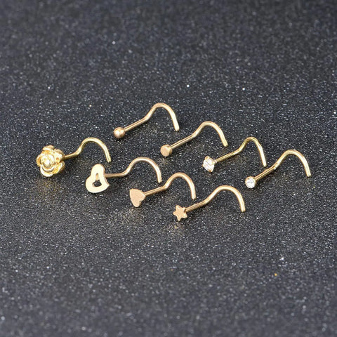 Elegant Stainless Steel Nose Rings Set Synthetic Zirconia Curved Rod Nose Studs