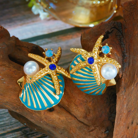 Starfish Shell Pearl Necklace for Women Summer Ocean Coral Scallop Pendant