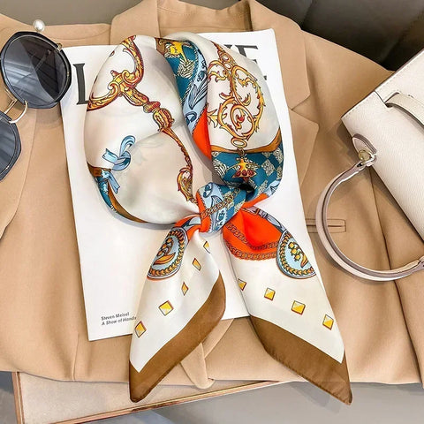 Print Silk Square Scarf Women Soft Satin Horse Hairband Neckerchief Office Hijab Headband