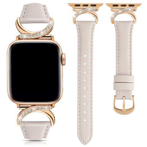 Suitable for Apple Watch 11/10/9/8/7/6/5/4 moon-shaped rhinestone leather straps