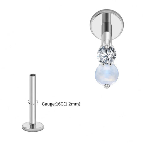 Titanium 16G Double CZ Cartilage Earring Tiny Two Stone Flat Back Labret Stud