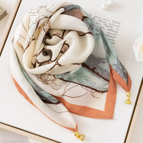 Plaid Flower Print Scarves With Magnetic Buckle Square Cotton and Linen Neck Wraps
