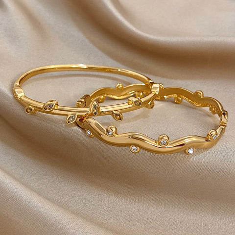 Rhinestone Leaf Wave Cuff Bracelet Bangles For Women