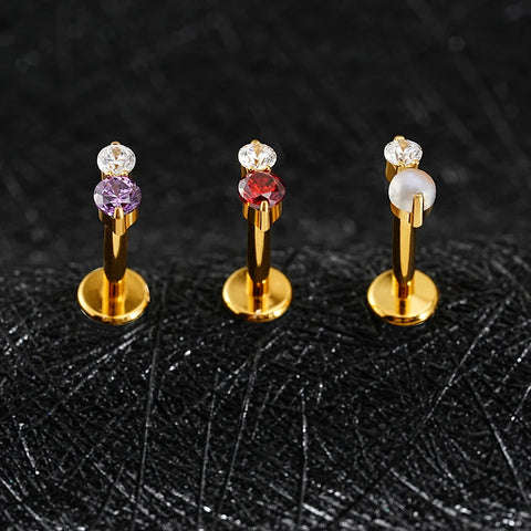 Titanium 16G Double CZ Cartilage Earring Tiny Two Stone Flat Back Labret Stud