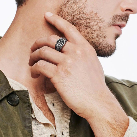 Tridant Signet Ring for Men Stainless Steel Geometric Top Stamp Finger Band