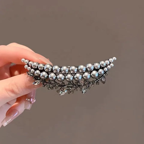 French Style Pearl Crystal Crescent Spring Clip Women's Back of Head Half-tied Hair Clip