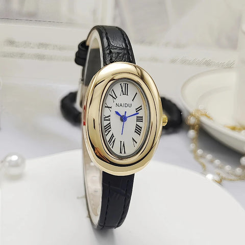 Mid Ancient Style Oval Dial Small Watch Adjustable Steel Strap Quartz Wristwatch