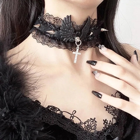 Fashion Solid Color Women Girls Necklace Wide Lace Rivets Lolita Lace Choker