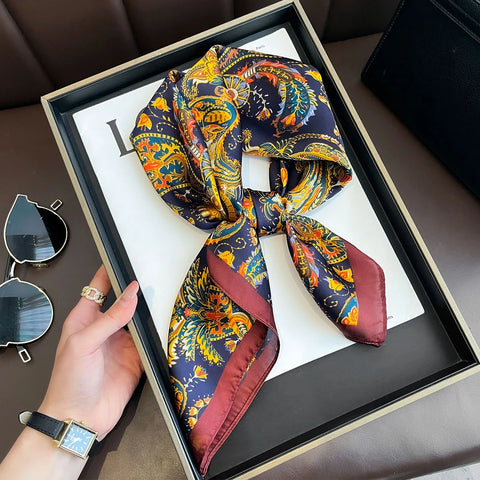 Print Silk Square Scarf Women Soft Satin Horse Hairband Neckerchief Office Hijab Headband
